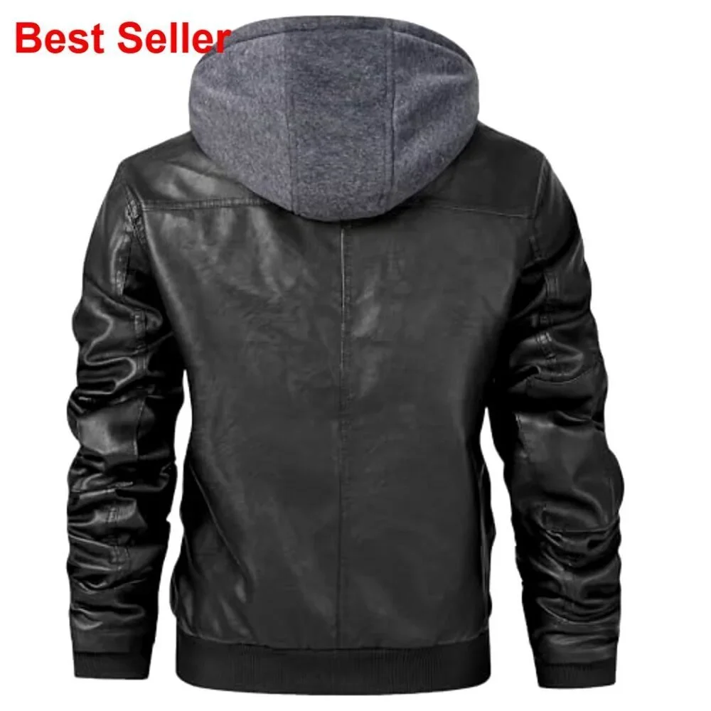 Men's Faux Leather Jacket with Removable Hood, Motorcycle Style